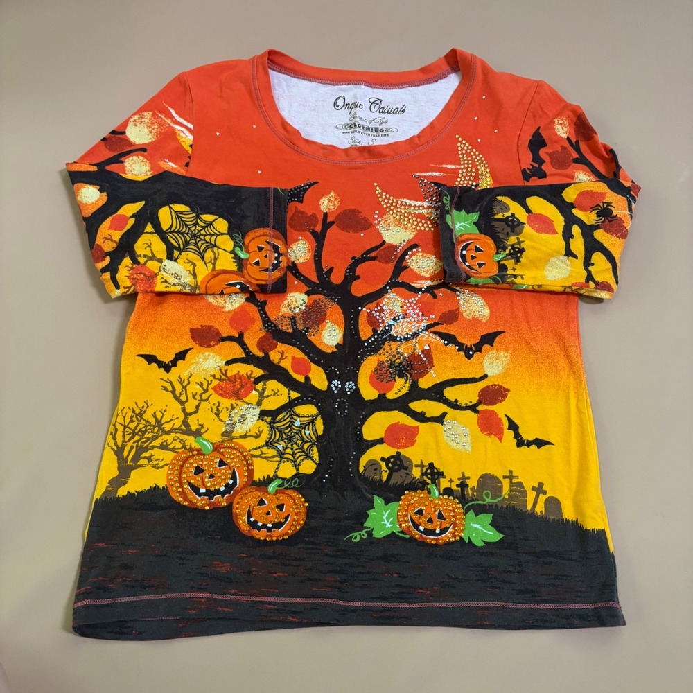 Onque Casuals Halloween Graveyard Rhinestone Pumpkin Top Orange Yellow Small
